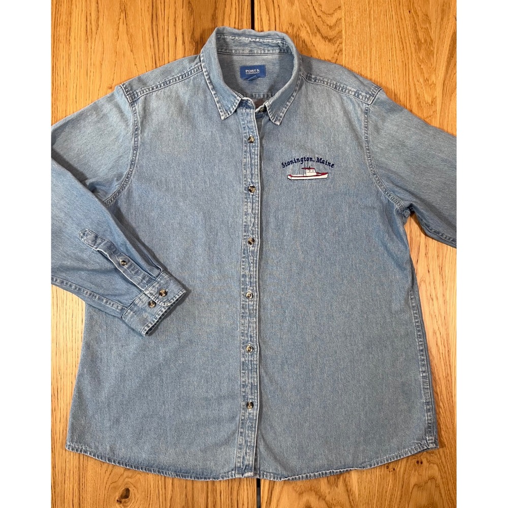 Port & Company Denim Shirt Womens XL Blue Stonington Maine Coastal Grandmother